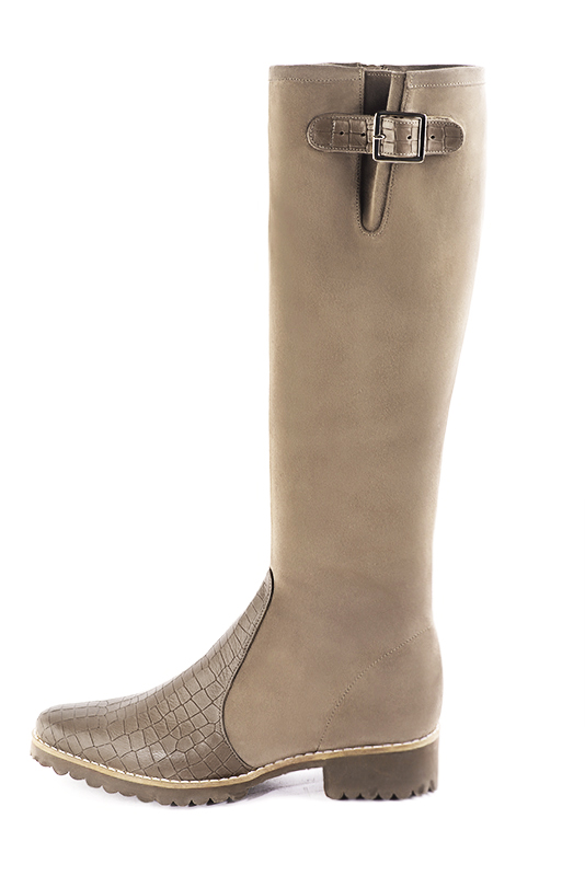 French elegance and refinement for these bronze beige knee-high boots with buckles, 
                available in many subtle leather and colour combinations. Record your foot and leg measurements.
We will adjust this beautiful boot with inner zip to your leg measurements in height and width.
The outer buckle allows for width adjustment.
You can customise the boot with your own materials, colours and heels on the "My Favourites" page.
 
                Made to measure. Especially suited to thin or thick calves.
                Matching clutches for parties, ceremonies and weddings.   
                You can customize these knee-high boots to perfectly match your tastes or needs, and have a unique model.  
                Choice of leathers, colours, knots and heels. 
                Wide range of materials and shades carefully chosen.  
                Rich collection of flat, low, mid and high heels.  
                Small and large shoe sizes - Florence KOOIJMAN